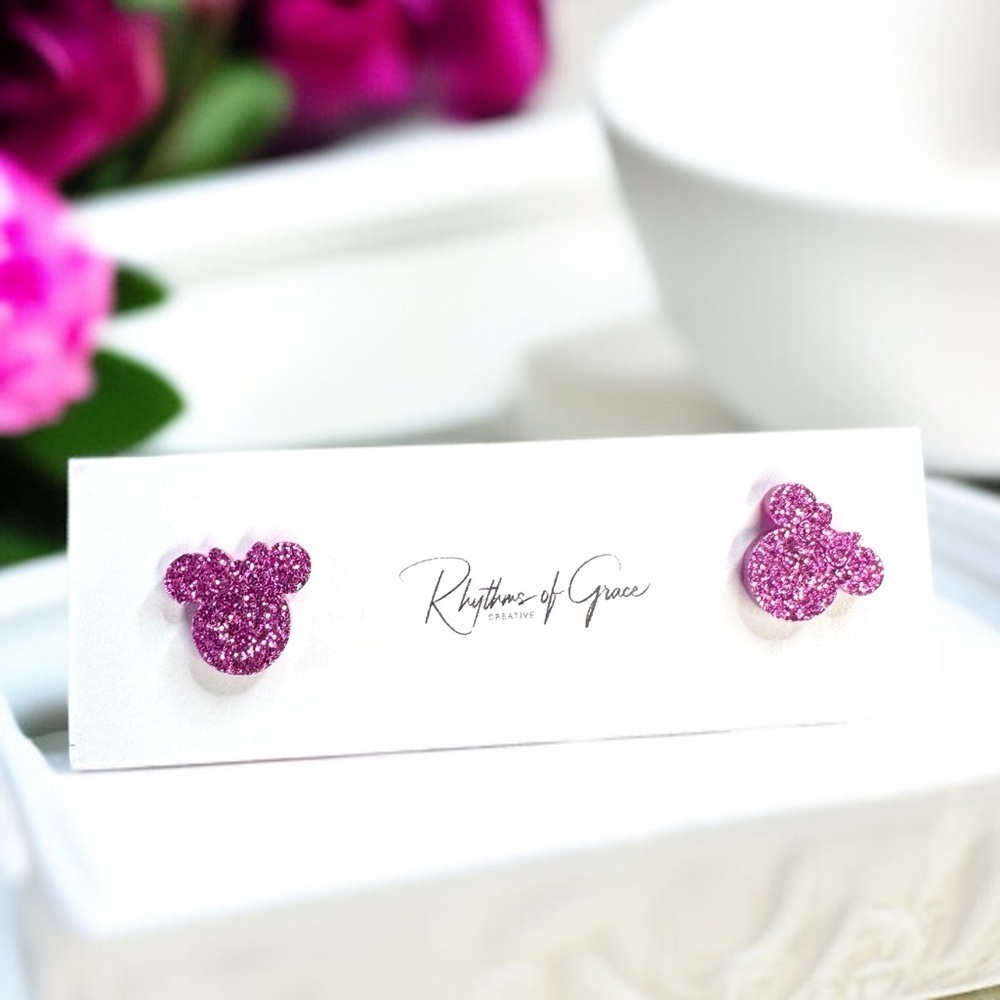 Sparkle & Shine with Pink Glitter Mouse Ears Stud Earrings! 💖 NWT Studs